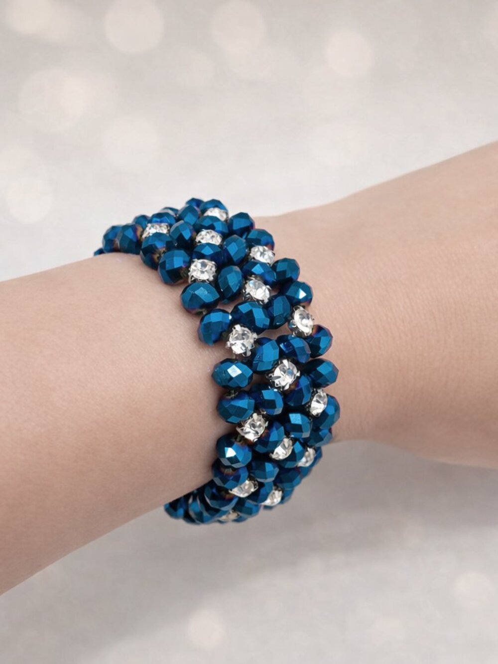 Vintage Dark Cobalt Blue Bead and White Rhinestone Mesh Stretch Bracelet